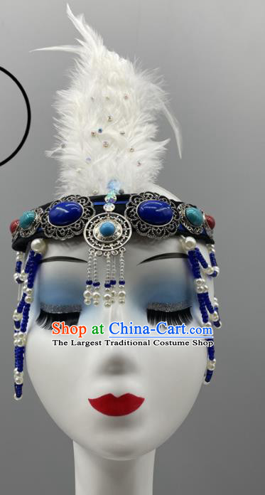 Chinese Ethnic Stage Performance Blue Beads Headpiece Mongol Minority Dance Hair Jewelry Mongolian Nationality Woman Feather Headdress