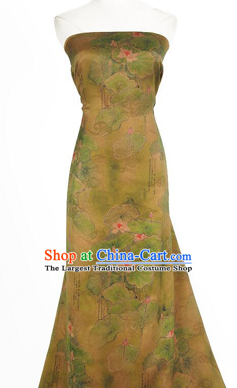 Chinese Classical Jacquard Silk Fabric Khaki Gambiered Guangdong Gauze Traditional Lotus Pattern Design Dress Material