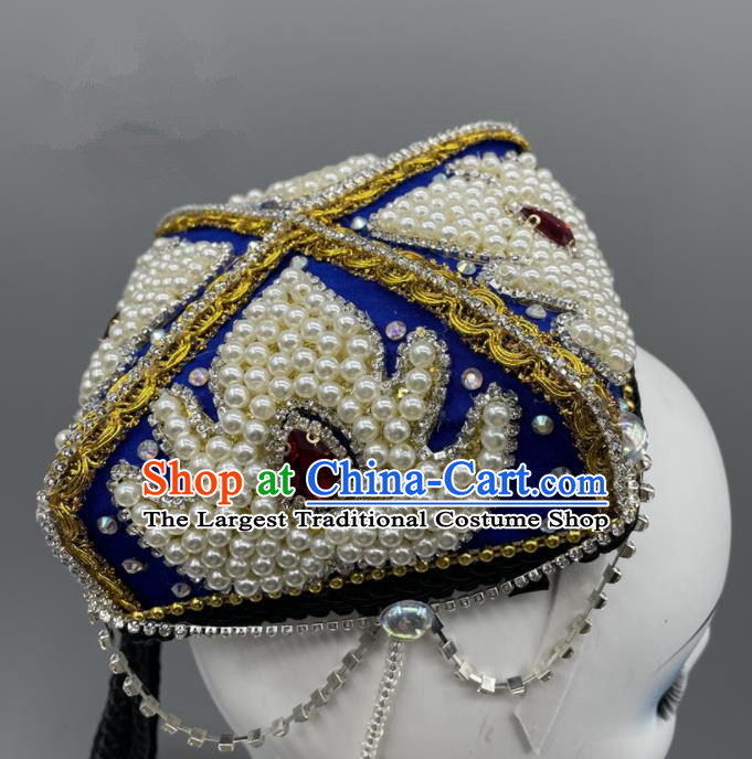 Chinese Xinjiang Dance Royal Blue Hat Ethnic Stage Performance Headwear Uyghur Nationality Folk Dance Braids Headdress