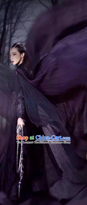 China Ancient Swordswoman Costume Wuxia TV the Legend of the Condor Heroes Mei Chaofeng Purple Outfit with Cloak