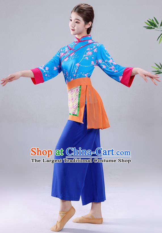 Blue Tea Picking Female Dance Costumes Bamboo Hats Yangko Costumes Adult Village Girl Costumes Ethnic Style Costumes