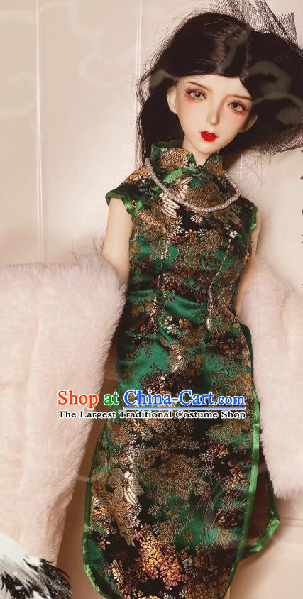 Sexy Girl Green Brocade Cheongsam Customize Handmade BJD Costume Top Figurine Qipao Clothing