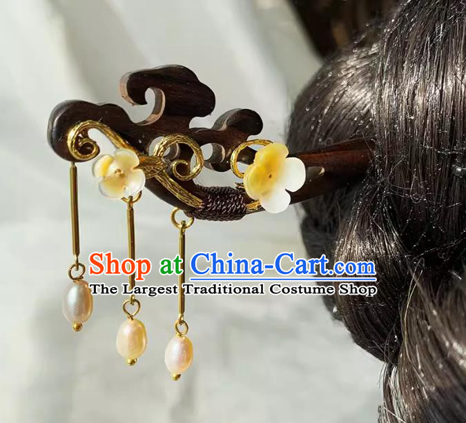 Handmade Cheongsam Hair Jewelry Christmas Gift Chinese Hanfu Ebony Hairpin Traditional Pearls Tassel Headgear