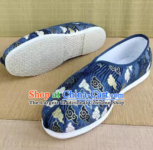 Handmade Old Peking Blue Brocade Shoes Chinese Strong Cloth Soles Shoes Traditional Kung Fu Shoes
