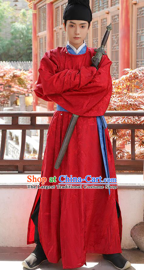 China Male Hanfu Red Round Collar Robe Tang Dynasty Young Hero Historical Costume Ancient Swordsman Clothing