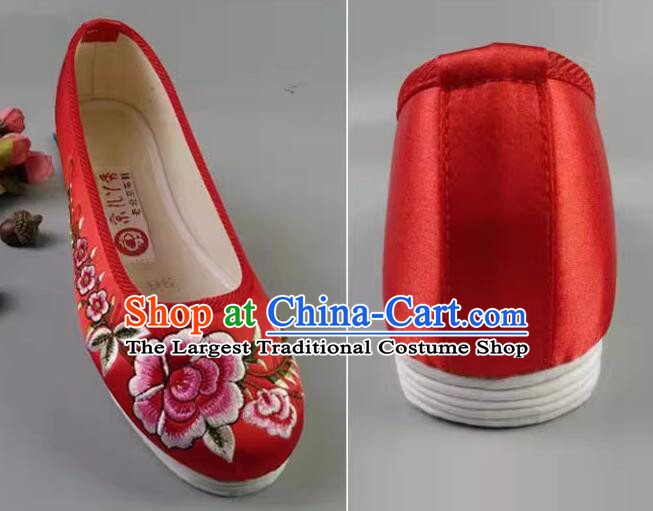 Chinese Embroidered Peony Shoes Handmade Old Peking Strong Cloth Soles Shoes Red Satin Shoes