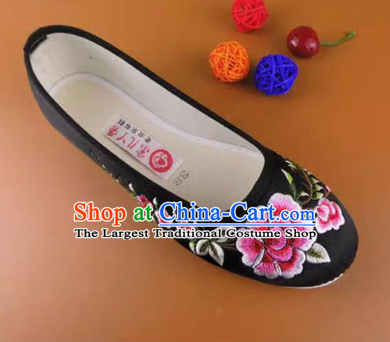Chinese Handmade Old Peking Strong Cloth Soles Shoes Black Satin Shoes Embroidered Peony Shoes