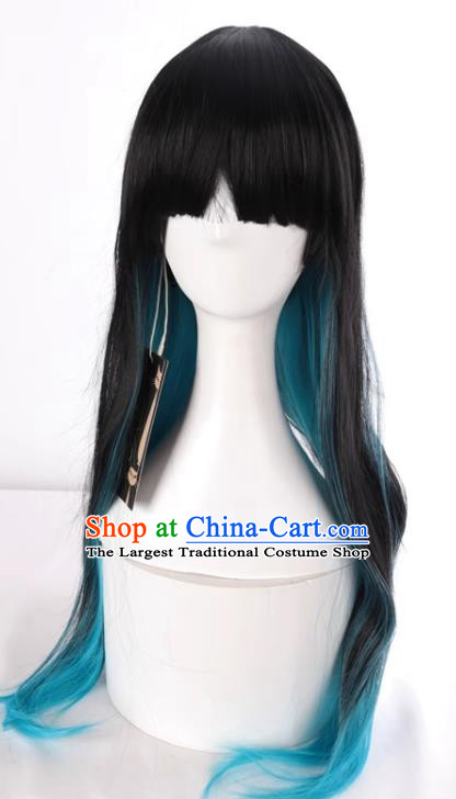 Harajuku Long Straight Hair Black Mixed Blue Gradient Fake Hair Cosplay Rose Net Full Wig