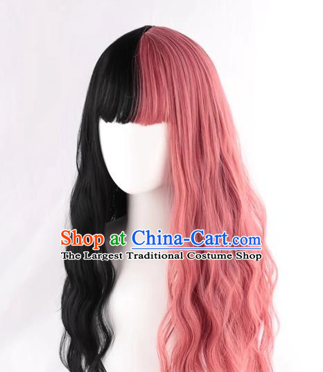 Double Color Black Pink Lolita Girl With Full Bangs Corn Perm Slightly Curly Long Hair Full Wig