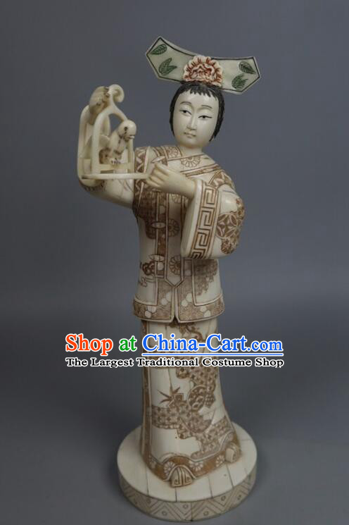 Chinese Handmade Ox Bone Handicraft Sculpture Qing Dynasty Palace Lady Statue