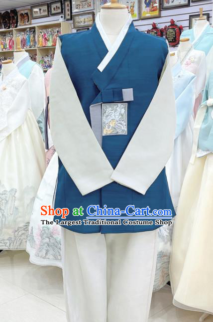 Korean Wedding Groom Clothing Dark Blue Shirt and Pants Embroidered Male Costumes Traditional Hanbok