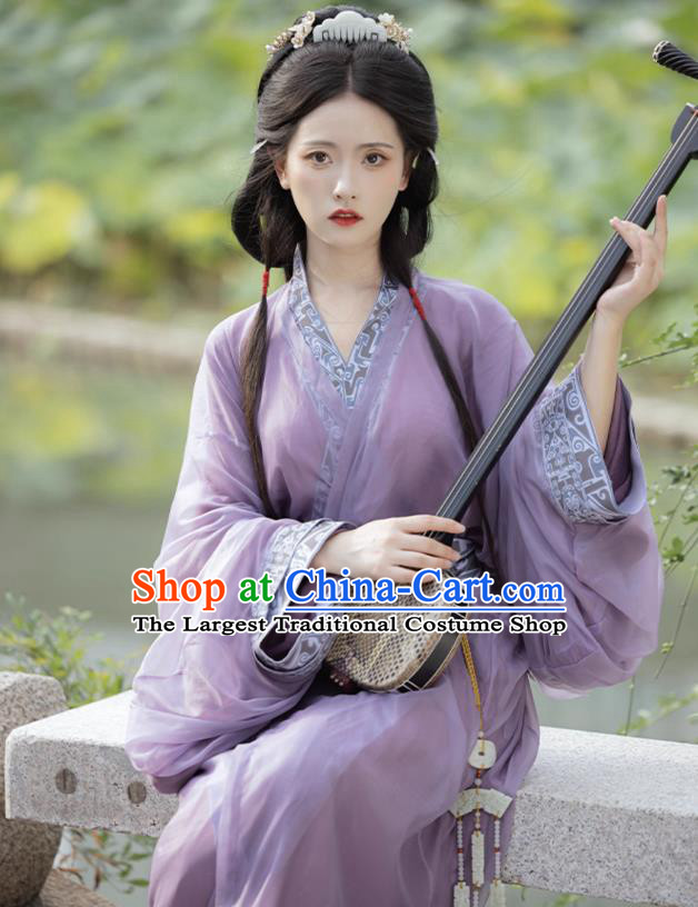 China Ancient Royal Princess Clothing the Warring States Time Young Woman Costumes Traditional Hanfu Purple Straight Front Robe