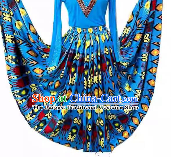 Blue China Xinjiang Dance Costume Adelaide Stage Performance Practice 720 Degree Large Swing Skirt