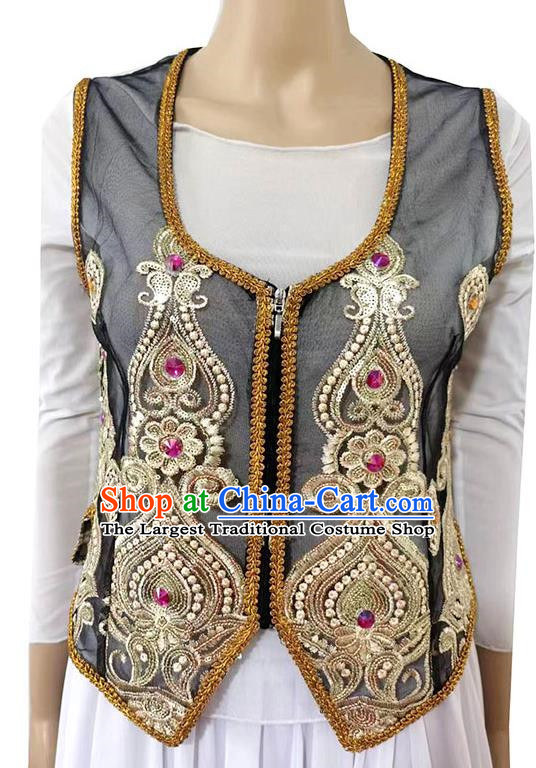 Black China Xinjiang Dance Sari See-through Heavy Industry Inlaid Gemstone New Short Vest