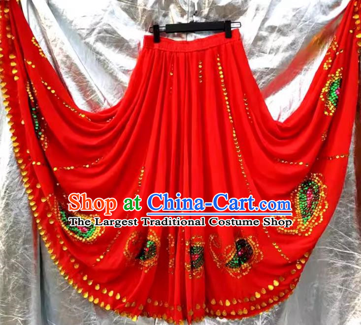 Red China Xinjiang Dance Uyghur Maixilipu Stage Square Dance Ethnic Characteristics Pure Handmade Sequin Large Swing Skirt