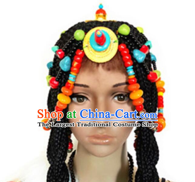 Top China Zang Nationality Folk Dance Headwear Wedding Woman Headpiece Handmade Tibetan Hair Jewelry