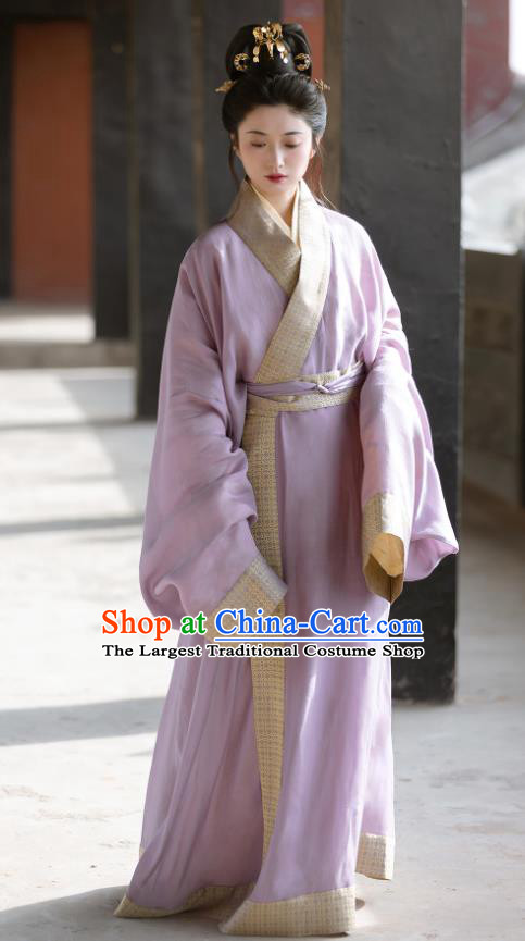 China Ancient Court Princess Clothing Eastern Han Dynasty Royal Empress Costume Traditional Hanfu Lilac Straight Front Robe
