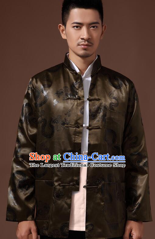 Chinese Handmade Mandarin Blouse Traditional Jacket Atrovirens Brocade Overcoat for Men