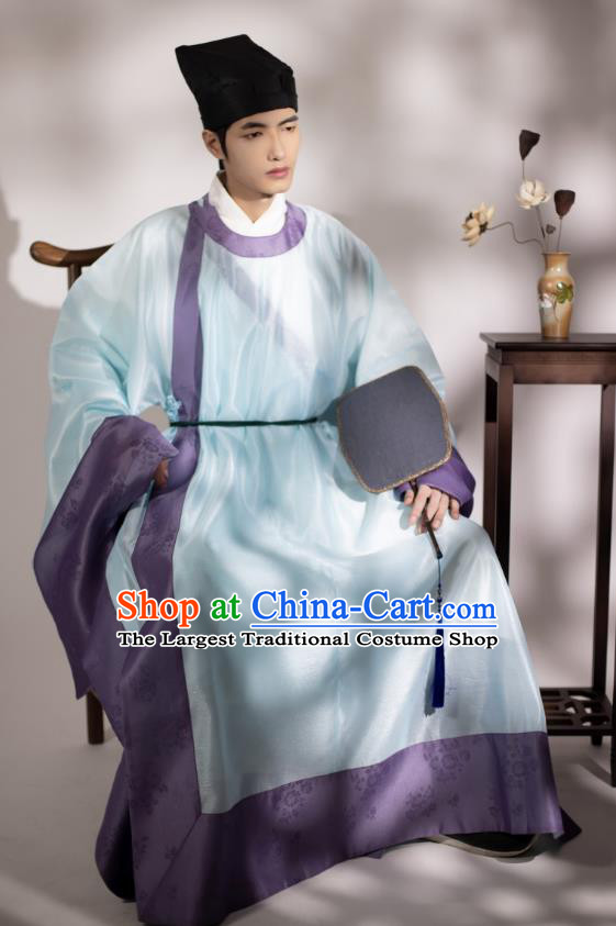 Chinese Ancient Scholar Clothing Traditional Round Collar Blue Gown Ming Dynasty Successful Candidate Garment Costume