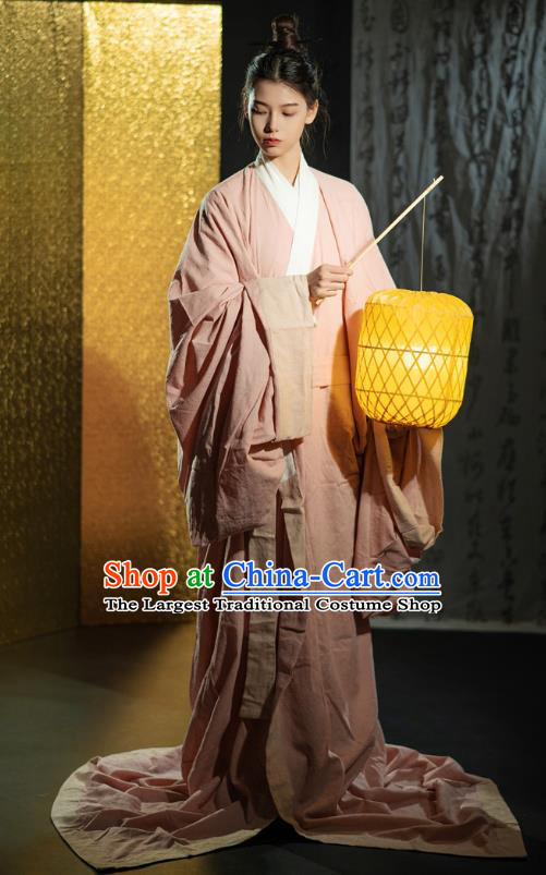 Chinese Ancient Swordsman Clothing Traditional Han Fu Qin Dynasty Prince Pink Straight Front Robe