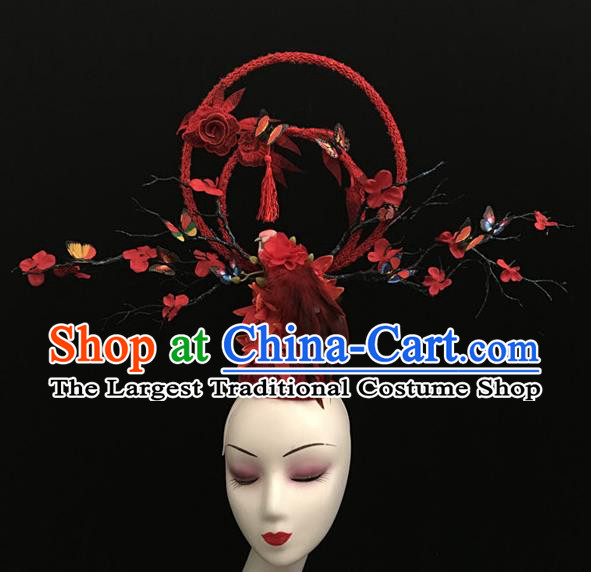 Chinese Handmade Feather Headdress Top Red Bird Headwear Stage Performance Plum Blossom Crown