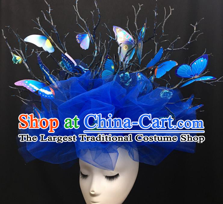 Chinese Catwalks Blue Butterfly Headpiece Handmade Stage Show Headdress Model Contest Veil Crown