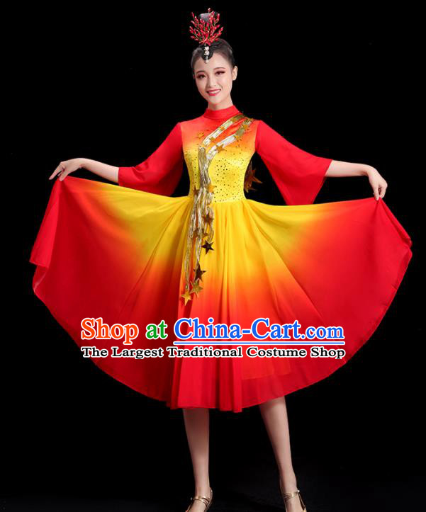 China Women Group Stage Show Red Short Dress Modern Dance Costume Opening Dance Clothing