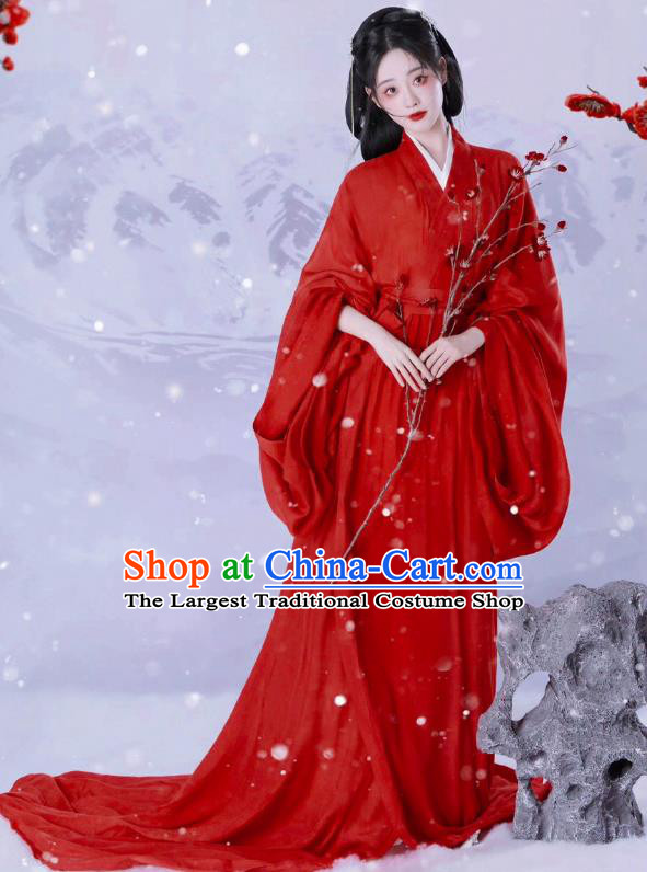 China Traditional Photography Hanfu Garments Ancient Swordswoman Costumes Jin Dynasty Young Lady Red Dresses