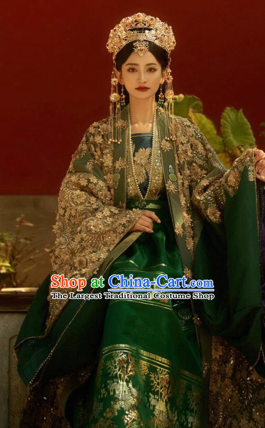 China Ancient Empress Green Dresses Ming Dynasty Queen Costumes Photography Garments