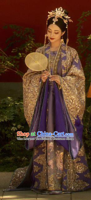 China TV Series Queen Embroidered Costumes Ming Dynasty Empress Purple Dresses Ancient Court Woman Clothing
