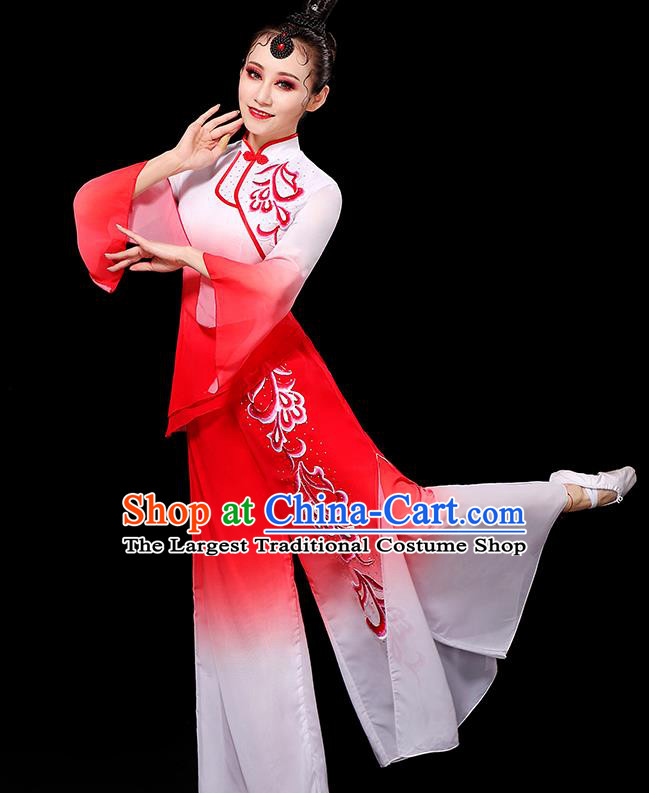 China Umbrella Dance Fashion Fan Dance Clothing Yangko Dance Gradient White Red Outfit Women Group Show Costume