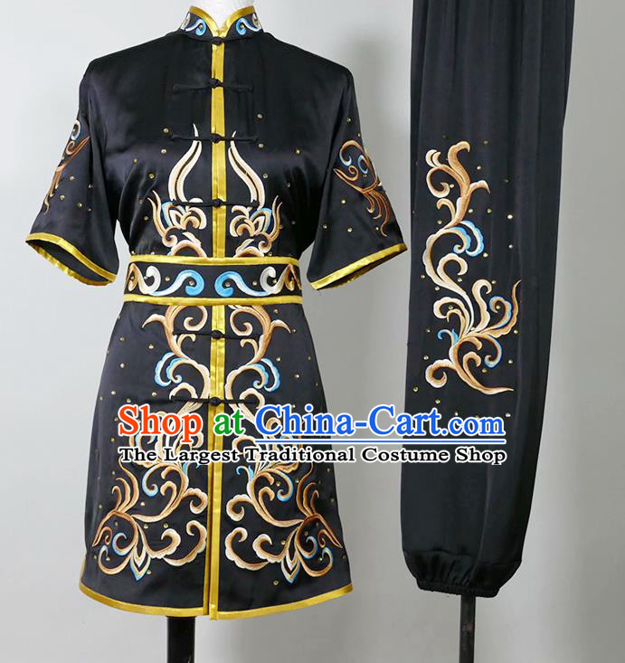China Wushu Training Embroidered Clothing Kung Fu Tournament Black Uniform Martial Arts Changquan Performance Costume