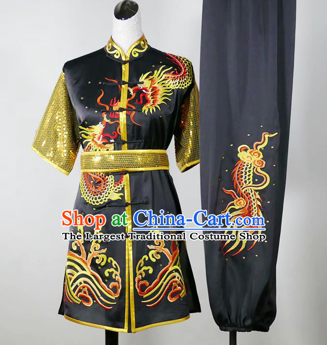 China Martial Arts Changquan Performance Costume Wushu Training Embroidered Clothing Kung Fu Tournament Black Uniform