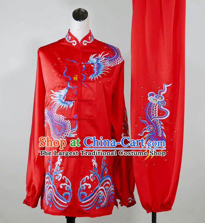 China Taiji Tournament Embroidered Dragon Clothing Tai Chi Competition Red Uniform Martial Arts Performance Costume