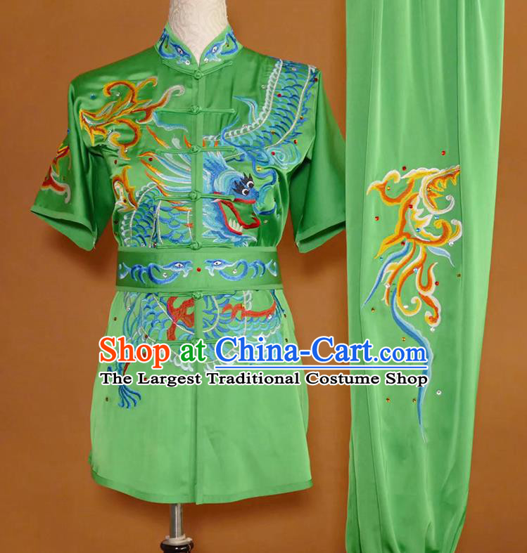 China Kung Fu Competition Green Uniform Martial Arts Performance Costume Wushu Embroidered Dragon Clothing