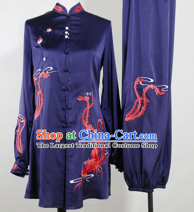 China Tai Chi Training Embroidered Phoenix Clothing Female Kung Fu Tournament Navy Uniform Martial Arts Performance Costume