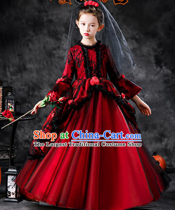 Kid Red Full Dress Children Day Performance Clothing Girl Stage Show Costumes Ballroom Dance Fashion