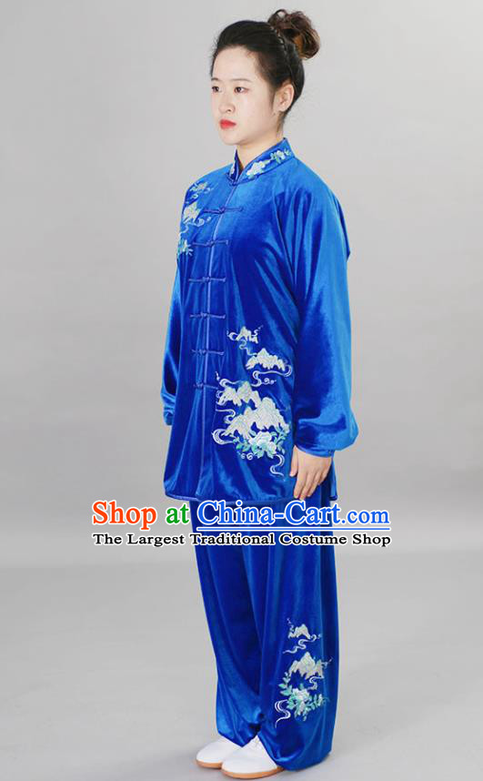 Chinese Female Tai Chi Royal Blue Velvet Suit Martial Arts Clothing Winter Taiji Quan Training Uniform Wushu Competition Clothes