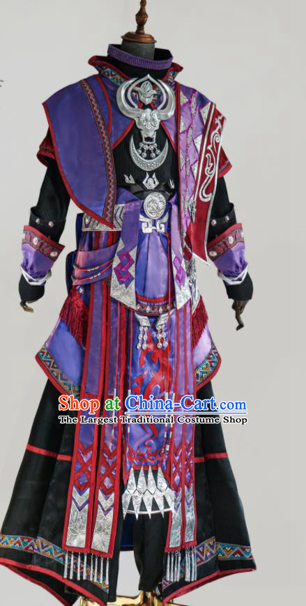 Top Ancient Ethnic Sorceress Costumes Cosplay Swordswoman Purple Clothes Jian Xia Qing Yuan Five Deadly Venoms Lady Clothing