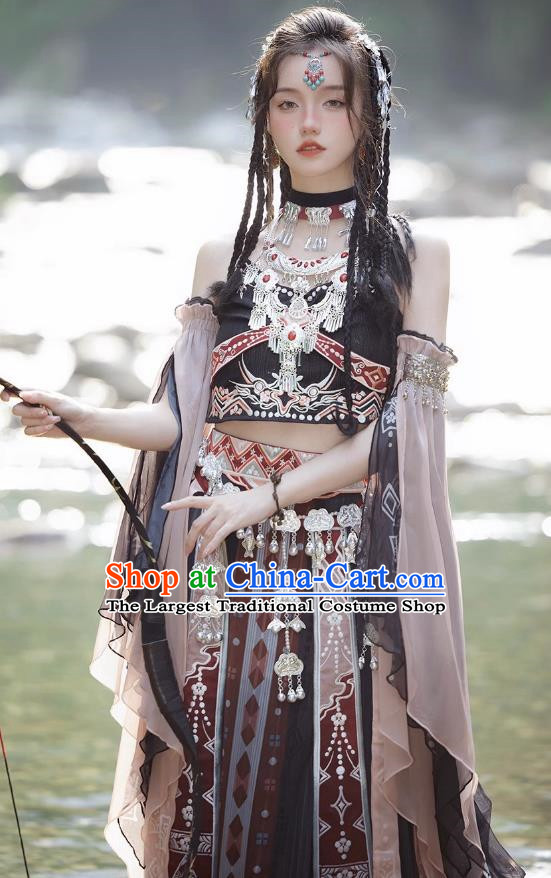 Ethnic Minority Costumes Exotic Hanfu Black Hani Printing Embroidery Silver Jewelry Complete Set