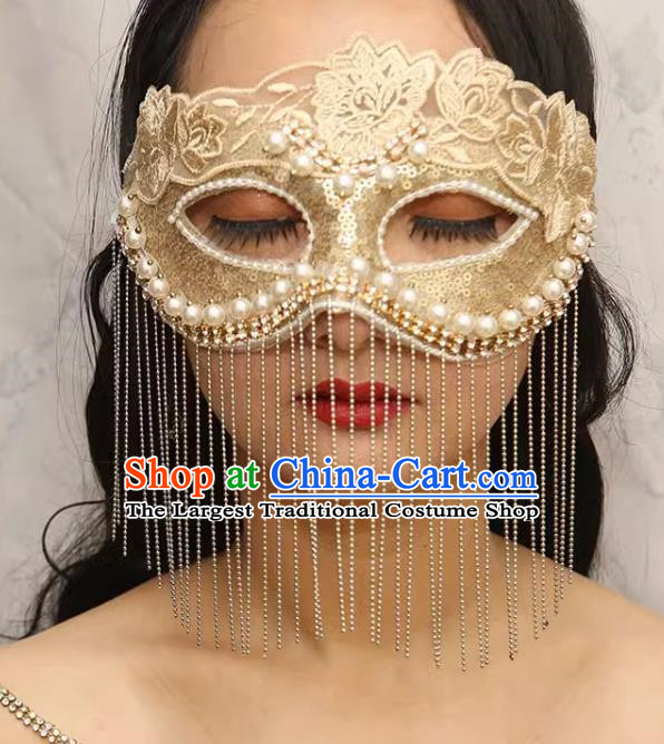 European And American Champagne Lace Retro Elegant Mysterious Mask Tassel Covering Masquerade Halloween Carnival Party