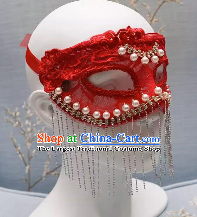 European And American Red Lace Retro Elegant Mystery Mask Tassel Covering Masquerade Halloween Carnival Party