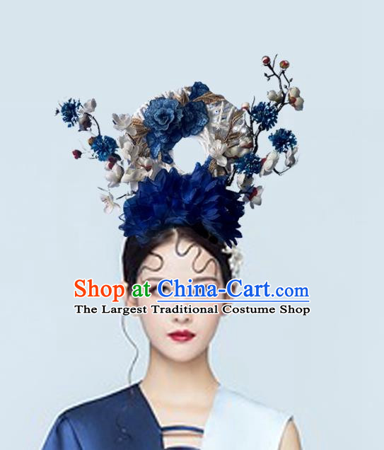 Chinese Style Blue And White Porcelain Blue National Tide Ancient Style Catwalk Model Competition Exaggerated Headdress Hair Accessories