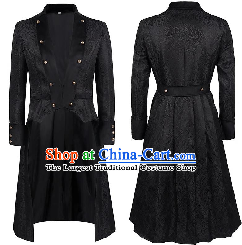 European And American Retro Black Coat Metal Rivets Rebuttal Collar Long-Sleeved Coat Medieval Stage Play Costume Large Size