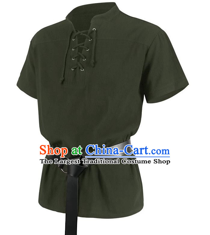 Medieval Retro Short-Sleeved Shirt Men Solid Color Drawstring Henry Collar Top Summer European And American Drama Costume Stand Collar
