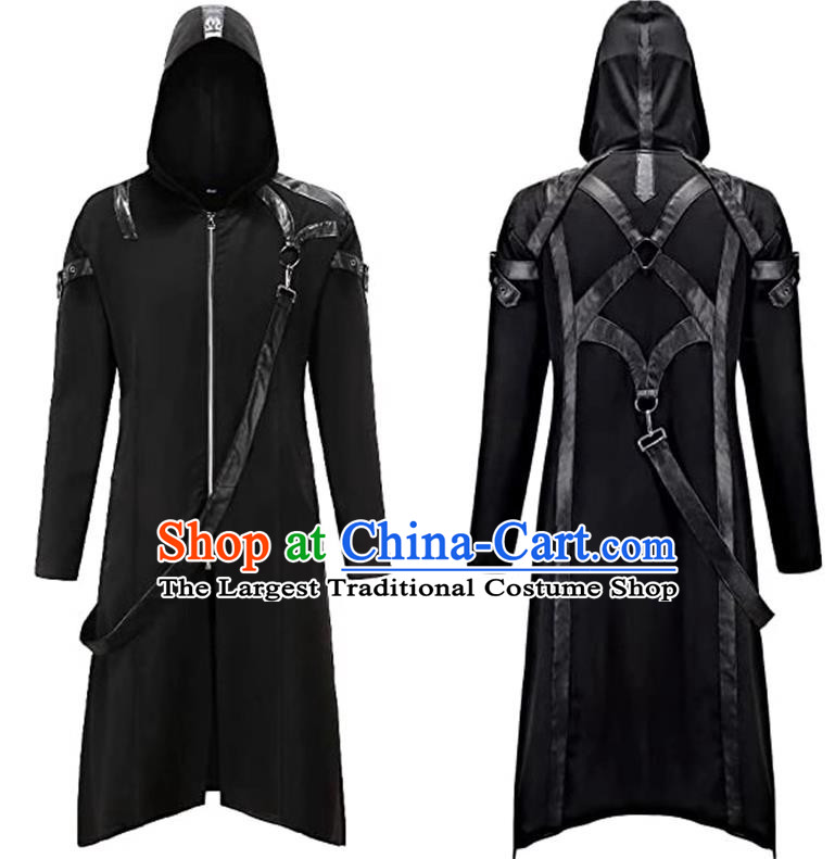 Dark Gothic Wind Hooded Jacket Men Cosplay Shadow Assassin Costume With Straps And Leather Solid Color Large Size