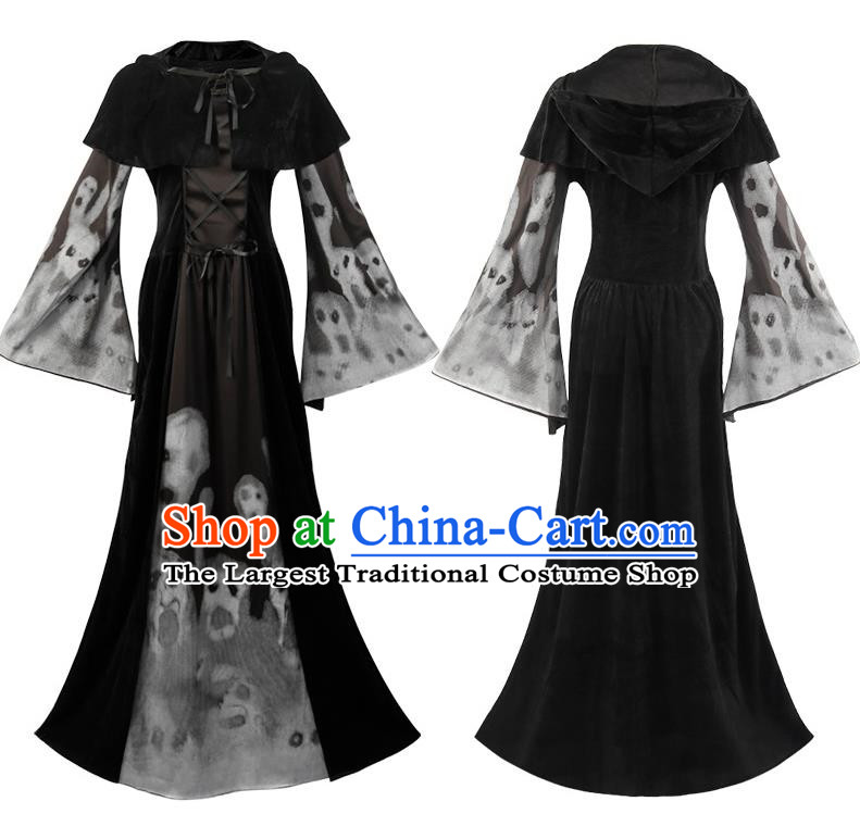 Halloween Black Ghost Robe Cosplay Skeleton Queen Retro Costume Hooded Adult Ghost Pattern Clothes