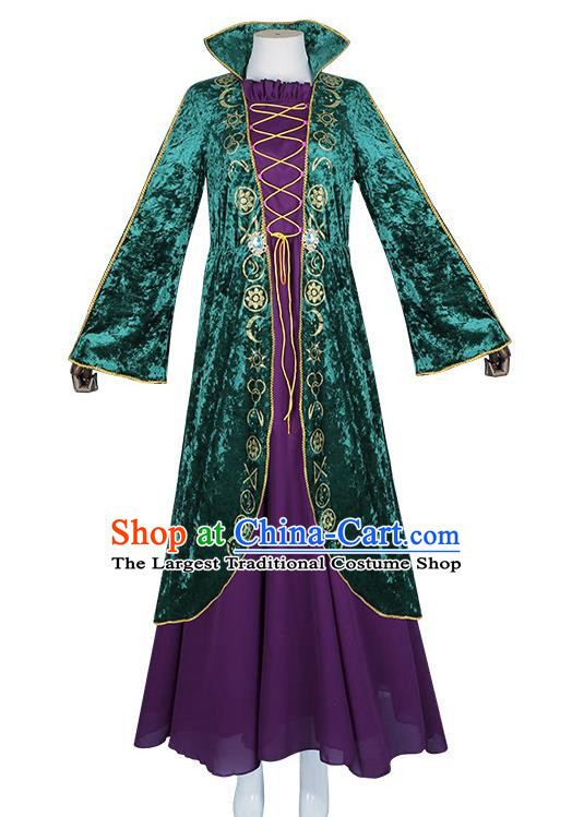 Green Retro Velvet Dress Cosplay Witch Costume Big Swing Sleeves
