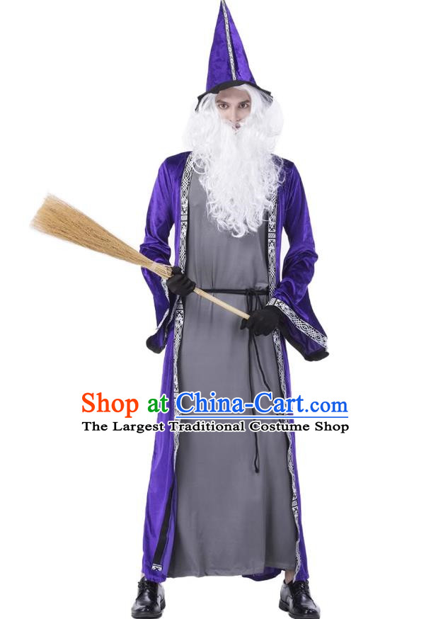 Halloween Blue Magician Costume Cosplay High Pointed Hat Elf Wizard Adult Long Section Warlock Costume Large Size