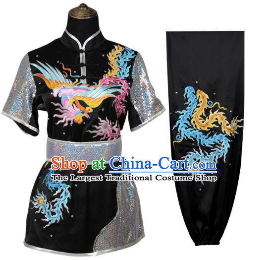 Black Martial Arts Clothing Embroidered Phoenix Performance Clothing Competition Clothing Long Boxing Clothing Practice Clothing For Women, Boys And Children